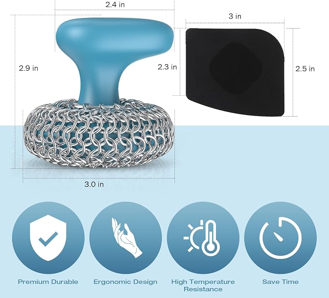 Cast Iron Scrubber | Dish Scrub Brush | 316 Cast Iron Cleaner Chainmail Scrubber for Pan Skillet Cleaner - Blue