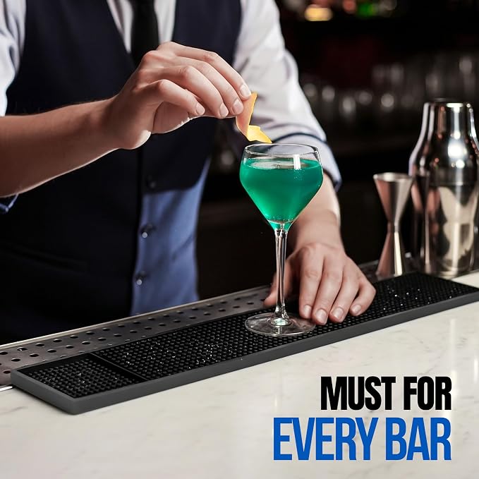 Black Bar Mats 24" x 3" – Non-Slip Rubber Bar Service & Spill Mats for Countertop, Bartending, Coffee Bar, Kitchen, Restaurant (Pack of 2)