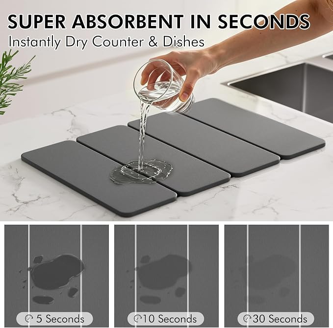 Stone Dish Drying Mat for Kitchen Counter, 24x16 Inch Super Absorbent Diatomaceous Earth Dish Drying Mat with Bamboo Dish Rack, Collapsible Fast Dry Drying Mat for Utensils Dishes Cups