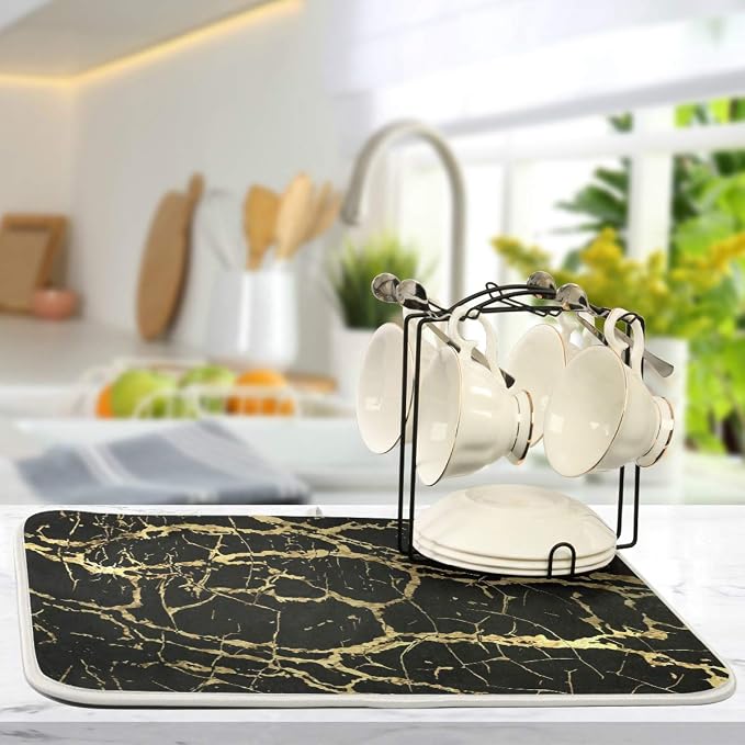 Super Absorbent Dish Drying Mat, Microfiber Fast-Drying Dish Mat, 24" x 18", Kitchen Dish Drying Pad, Black Gold Marble