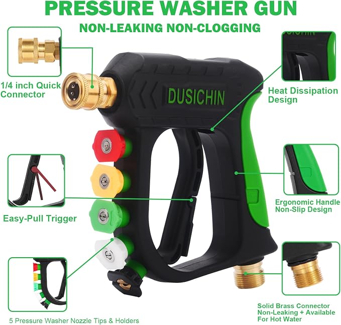 Pressure Washer Gun Foam Cannon Dual Connector Shift Valve, Car Wash Foam Cannon Kit 1/4 Inch Quick Connector 5 Pressure Washer Nozzle Tips Build-in Design Work with A Pressure Washer DUS2703