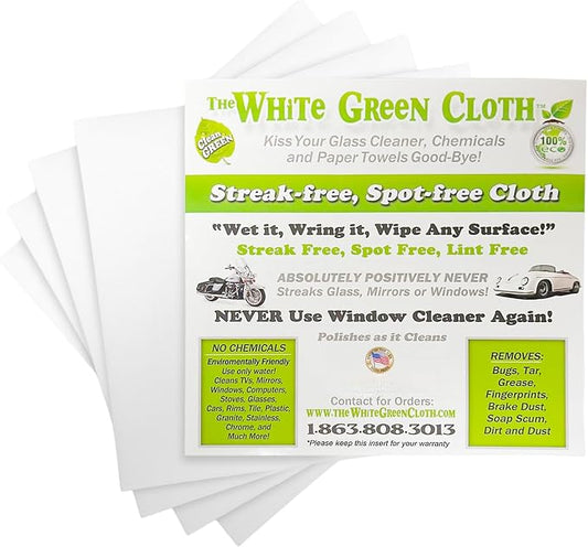 The White Green Cloth 4-Pack Reusable Cleaning Cloths for Streak-Free Windows, Mirrors & All-Purpose Use – Chemical-Free, Absorbent, Non-Abrasive, 16" x 16" White Cleaning Rags, Made in The USA