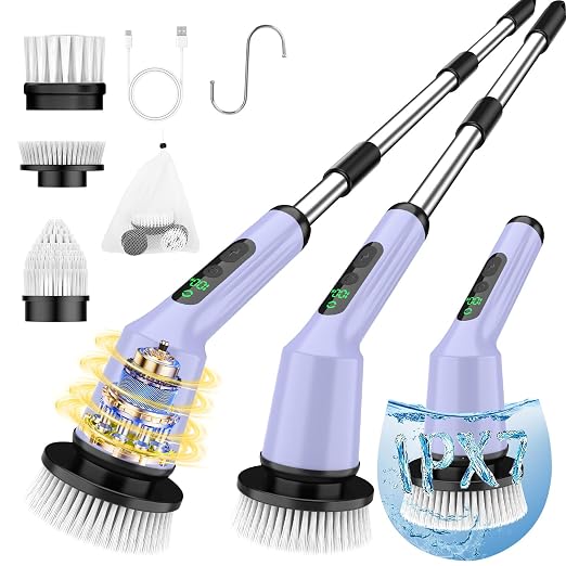 Electric Spin Scrubber for Cleaning Bathroom, Shower Scrubber Rotary Floor Brushes with IPX7 Waterproof & 2 Speed, 3 Brush Heads, Bathroom Cleaning Supplies for Shower Tub Tile Toilet Purple