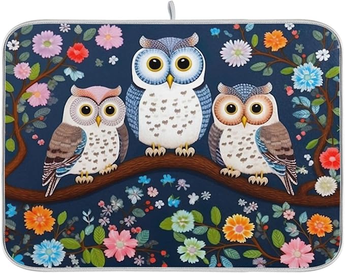 Dish Drying Mat Kitchen Counter Absorbent Three Owls Coffee Sink Mat Dish Drainer Pad 18 Inch x 16 Inch