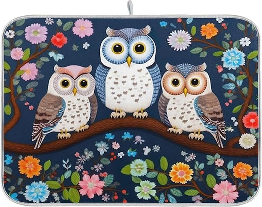 Dish Drying Mat Kitchen Counter Absorbent Three Owls Coffee Sink Mat Dish Drainer Pad 18 Inch x 24 Inch