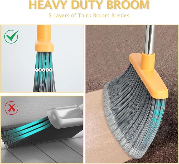 Broom and Dustpan Combo Set,Long Handle, Gray Yellow | Heavy Dust, Dustpans with Broom Combo for Home, Kitchen, Office, Classroom,Apartment, Pet Hair