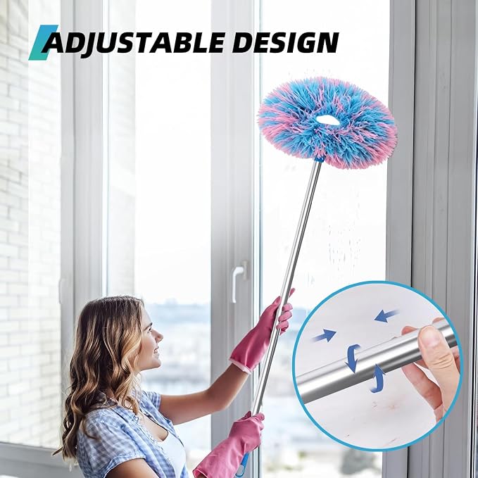 DRQ Ceiling Fan Cleaner Duster, 2 Pack Reusable Microfiber Duster with Extension Pole, 13 to 48 Inch Fan Blade Cleaner, Removable Dusters for Cleaning Walls Bookshelves Door Window Top (Blue Pink)