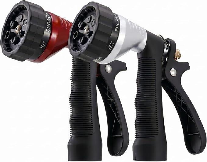 GREEN MOUNT Water Hose Nozzle 2-Pack, Zinc Alloy Garden Spray Nozzle with Adjustable Spray Patterns, Leakproof Rustproof Trigger Lock for Outdoor Cleaning & Car Wash, Silver & Red