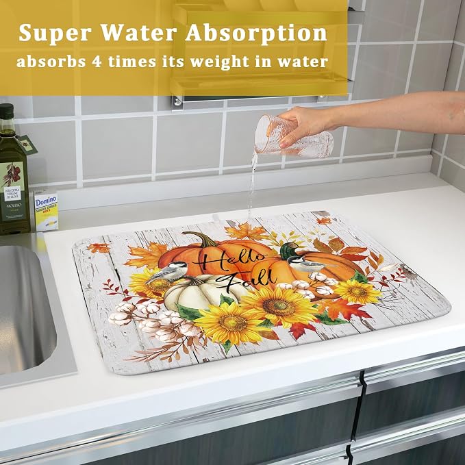 Hello Fall Dish Drying Mat for Kitchen Counter 18x24 Inch Orange Pumpkin Absorbent Drying Pad with Hanging Loop Autumn Home Decoration