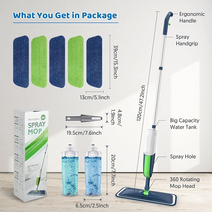Spray Wet Mops for Floor Cleaning: Floor Mop with 2 Refillable Bottles | 5 Washable Pads for Swiffer Powermop, 360° Rotating Head, Commercial Dust Mop, for Hardwood Laminate Vinyl Wood Tiles Ceramic