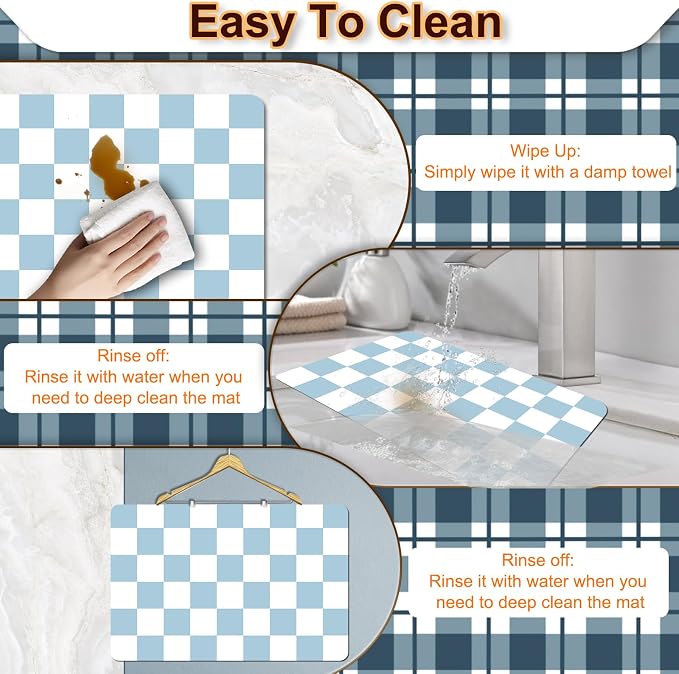 Dish Drying Mat for Kitchen, 16'' x 24'' Checkered Coffee Bar Mat for Countertops, Coffee Station Mat with Non-slip Rubber Backed, Absorbent Dish Dying Pat for Kitchen Counter, Blue & White