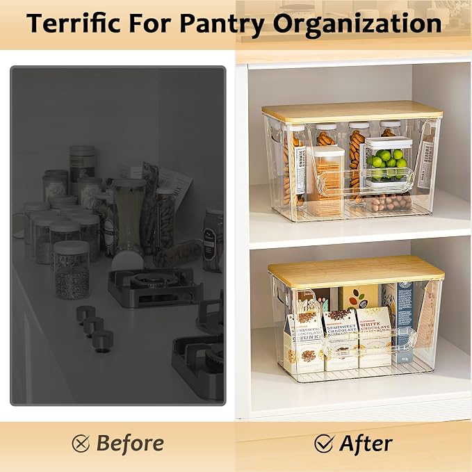 Delamu 2 Set Pantry Organizers and Storage, Trash Bag Holder Under Sink Organizer for 4-13 Gal Bags, Trash Bag Dispenser with Bamboo Top for Onion, Potato, Garlic, Clear (11-7/32"L*7" W*7-1/8"H)