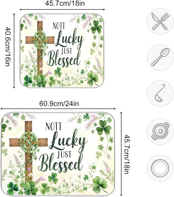St.Patrick Days Dish Drying Mat for Kitchen Countertop 16x18 Green Shamrock Blessed Cross Small Drying Mat Reusable Quick Dry Dish Sink Mats Easy Clean Decorative Essentials