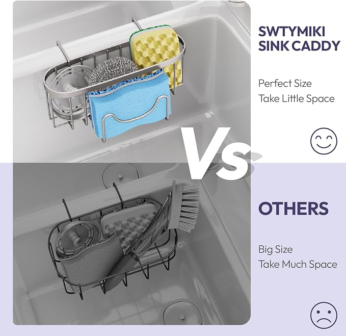 SWTYMIKI Sponge Holder for Kitchen Sink - Movable Kitchen Sink Caddy with M Hook Stainless Steel Hanging Sponges Caddy Organizer in Double Bowl Sinks Depth>3.15in, Middle Divider<1.5in, Sand Nickel L