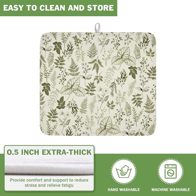 Vintage Botanical Floral Dish Drying Mat for Kitchen Counter Sage Green Herbs Fern Leaves Plant Microfiber Dish Drainer Mat Absorbent Washable Drying Pad 16"x18"