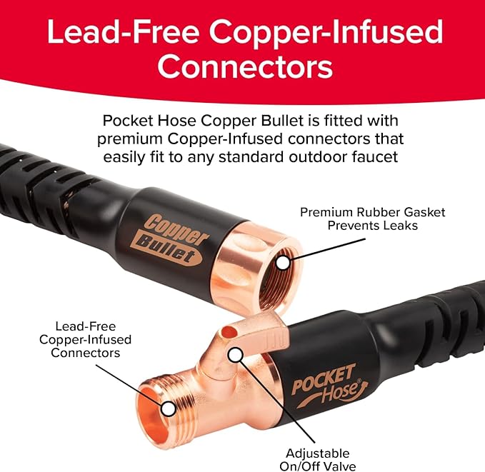 Pocket Hose 100 FT Copper Bullet Expandable Garden Hose w/10 Pattern Thumb Spray Nozzle AS SEEN ON TV 650psi 3/4 in Patented Lead-Free Ultra-Lightweight Solid Copper Anodized Aluminum