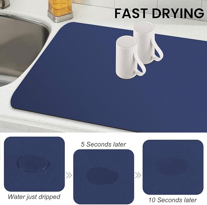 WISELIFE Dish Drying Mat Super Absorbent Drying Mat Large Dish Drying Mats for Kitchen Counter Easy Clean Dish Mat Kitchen Drying Mat18"x 28" Classic Blue
