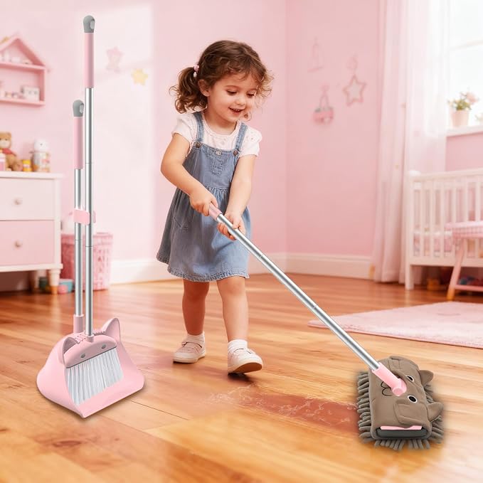 nacena Mini Broom with Dustpan & Mop for Kids, 28-in Handle Kids Brooms and Dustpan Set for Toddlers Cat-Shaped Children Broom and Cleaning Set Boys Girls Small Housekeeping Helper Sets, Pink