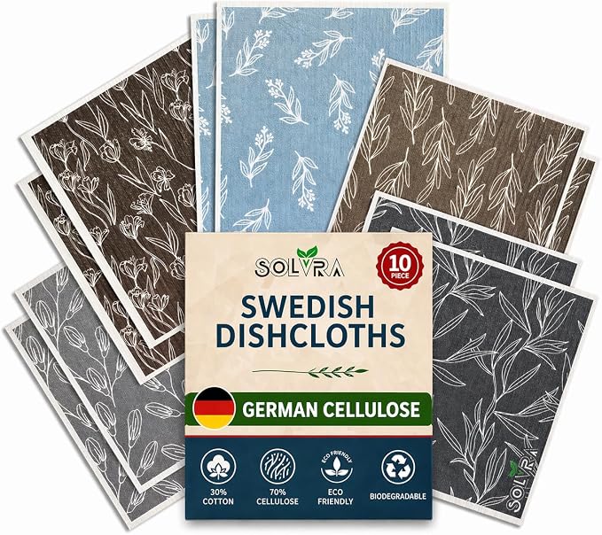 10 PCS Leaf Print Swedish Dishcloths for Kitchen 100% Biodegradable, Reusable Cellulose Sponge Cloths Ultra Absorbent, Eco Friendly Cleaning Towels Dishcloths for Washing Dishes & General Cleaning