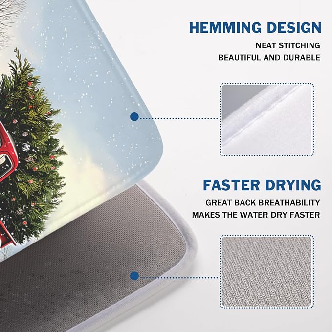Giwawa Red Truck Dish Drying Mat Winter Xmas Tree Drainer Rack Pad 18"x24" Microfiber Absorbent Quick Dry Dish Sink Mat for Table Kitchen Counter