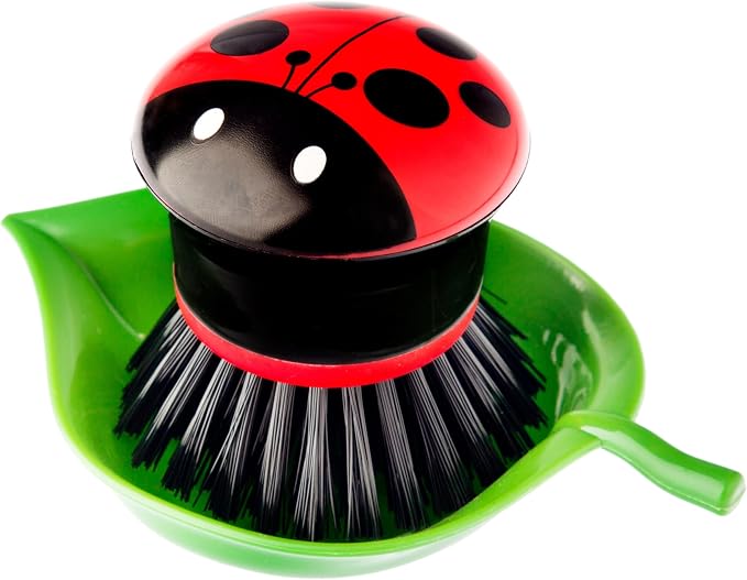 Vigar Ladybug Dish Scrub Brush with Holder, Kitchen Scrub Brush for Dishes, Dish Scrubber, Sink Brush, Dishwashing Brush and Vegetable Scrubber for Household Cleaning - Ladybug