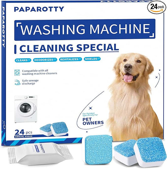 Washing Machine Cleaner Tablets - 24 Pack (12 Month Supply) | HE Compatible for Top & Front Load Washers | Pet-Safe Formula Eliminates Odors, Lint & Detergent Buildup
