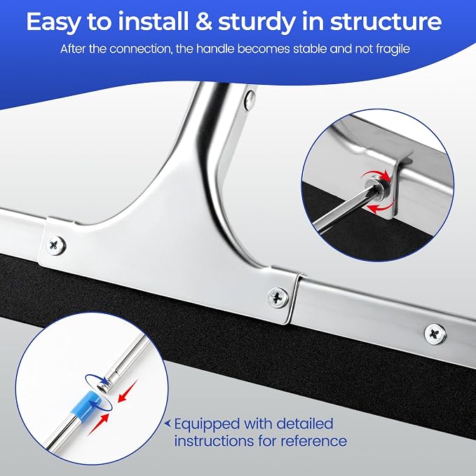 Aodaer Squeegee for Floor Scrubber with Extendable Telescopic Pole Handle | with 2 Pairs Extra Replacement EVA Blades Clip Heavy Duty Household Rubber Broom for Garage, Courtyard, Pool, Tile Bathroom