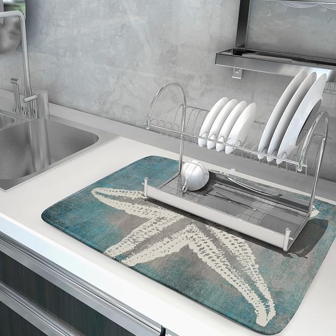 Giwawa Vintage Starfish Dish Drying Mat Coastal Beachy Nautical Drainer Rack Mat 18"x24" Absorbent Washable Dish Dry Pad for Kitchen Counter Sink