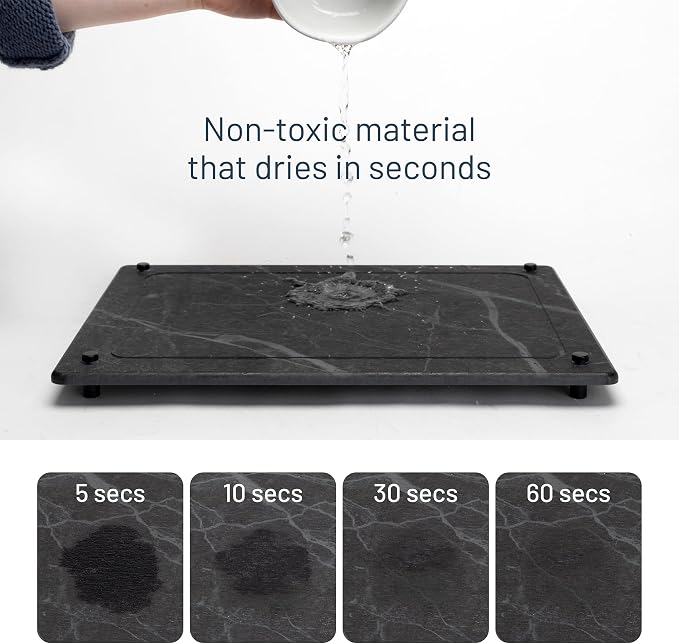 Natural Stone Dish Drying Mat 15.7" x 11.8", Slate Color - Diatomaceous Earth Kitchen Mat | Quick Drying, Non-Toxic, BPA-Free, Eco-Friendly | Female-Founded USA Brand
