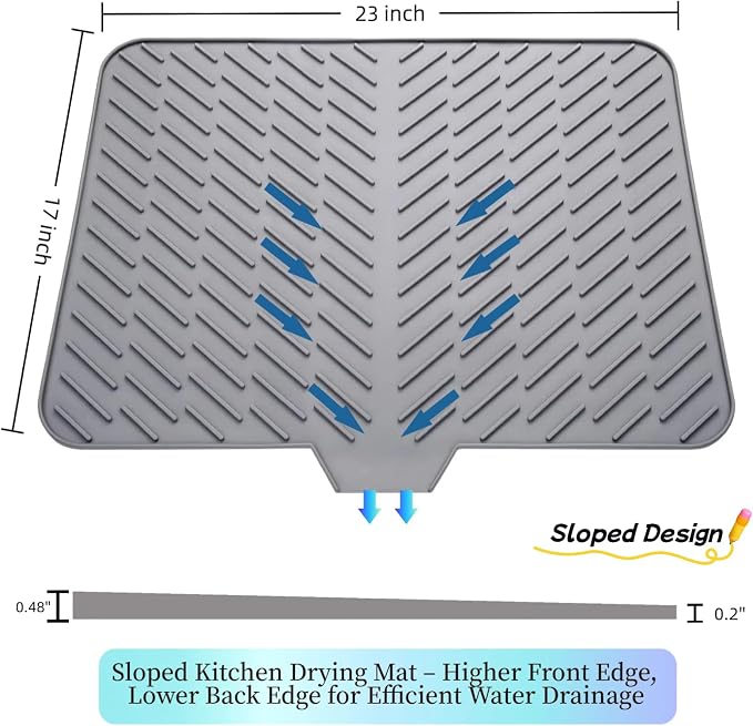 Silicone Drying Mat, 23"X17" With Built-in Drain Lip,Heat-Resistant,Eco-friendly,Hygienic Drying Pad,Leak-Proof and Non-Slip,Silicone Dish Drying Mat for Kitchen Counter or Sink（Gray 23X17）