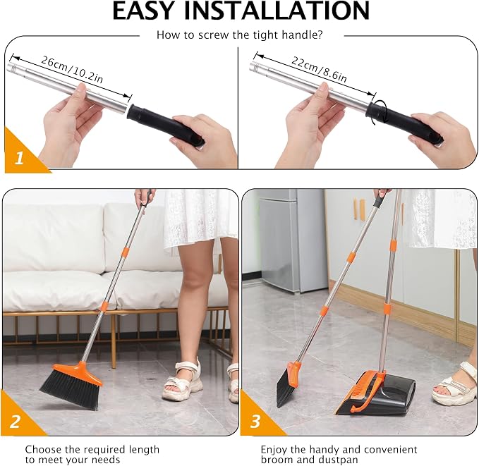 Broom and Dustpan Set,54.72" Long Handle,Standing Dustpan,1-Pack | Light Weight Stainless Steel Poles,Upright Dustpan with Broom Combo,for Home Kitchen Office Pet Dog Hair,Black & Orange