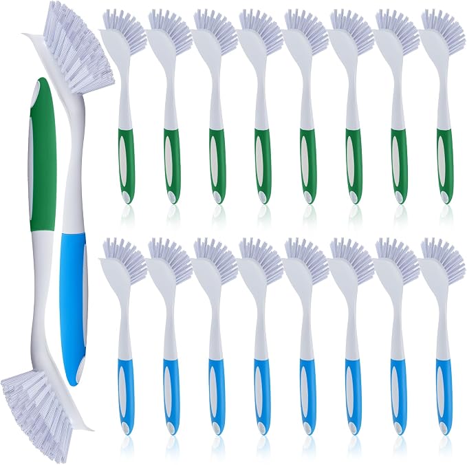 Hsei 20 Pcs Blue and Green Kitchen Scrub Dish Brush Bulk with 11 Inch Anti Slip Handle Cleaning Dish Scrubber with Stiff Bristles Washing Scrub Brushes for Housekeeping for Pots and Pans, Kitchen Sink