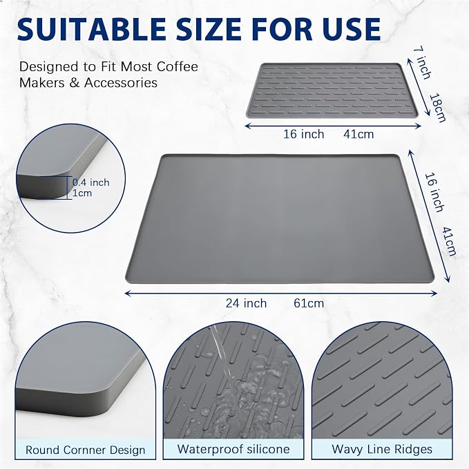 Silicone Coffee Mat 24" x 16", Heat Resistant Non Slip Leak Proof with Concave Convex Design & Detachable Drying Layer, Coffee Bar Mat for Espresso Machine, Coffee Maker Countertops (Gray)
