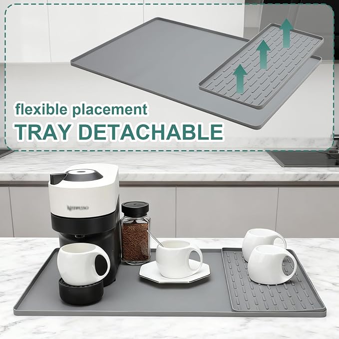 Silicone Coffee Mat, 24"X16" Heat-Resistant,Eco-friendly,Hygienic Drying Pad,Leak-Proof and Non-Slip,Removable Silicone Mat with Concave and Convex Design,（Gray 24X16）
