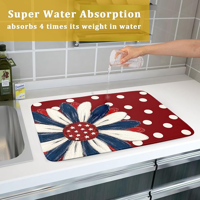 Patriotic Dish Drying Mat 18x24 In Red and Blue Daisy Microfiber Kitchen Draining Mat for Countertops