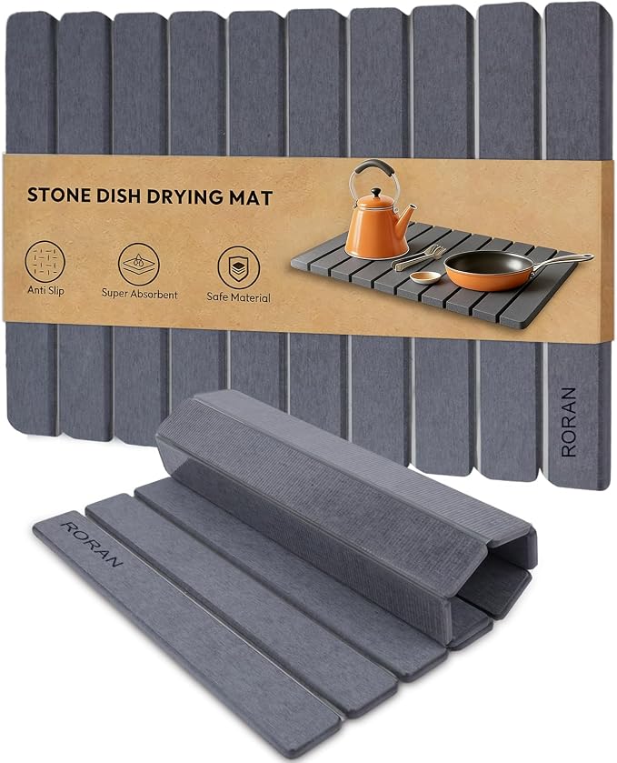 Stone Drying Mat for Kitchen Counter, 24"(L)×16"(W), Drying Matt Kitchen Counter, Quick Dry Stone Dishes Mats, Foldable Diatomaceous Earth Mat (Pure Gray)