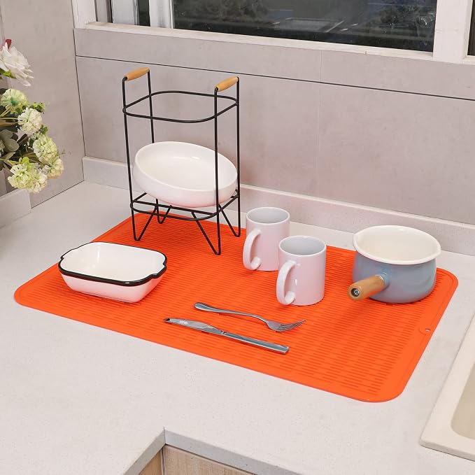 MicoYang Silicone Dish Drying Mat for Multiple Usage,Easy clean,Eco-friendly,Heat-resistant Silicone Mat for Kitchen Counter or Sink,Refrigerator or Drawer Liner Orange 3XL 28 inches x 18 inches