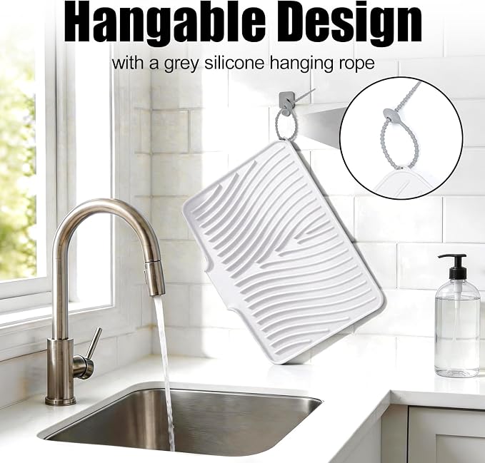 TIKNIK Silicone Dish Drying Mat for Kitchen Counter - Heat Resistant & Non-Slip Dish Drain Pad with Built-In Drain, Dishwasher Safe, Quick-Dry, Hangable & Roll-Up for Storage, White-1pcs, 16" x 12"
