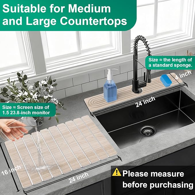 Stone Drying Mat for Kitchen Counter, 24"x16" Water Absorbing Dish Drying Mat with 24"x4" Faucet Mat for Kitchen Sink, Diatomaceous Earth Quick Dry Stone Mats for Dishes Bottles Cups (Wood Grain)