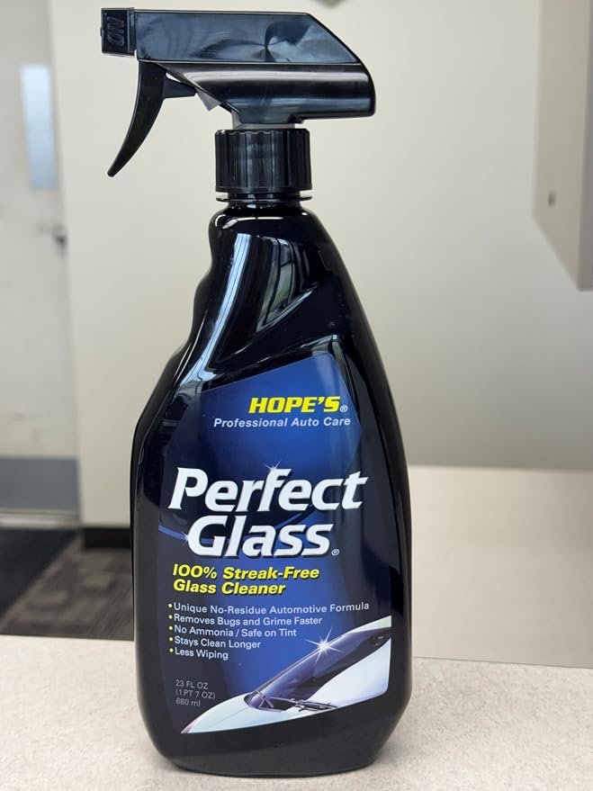 HOPE'S Perfect Glass Automotive Glass Cleaner - Streak-Free, Tint Safe Car Cleaner for Glass, Acrylic, Windows, Mirrors, Windshield - No-Residue - Removes Smudges, Road Grime - 23 Fl Oz, Pack of 1
