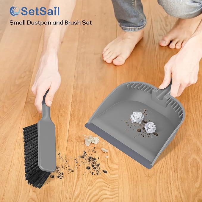 SetSail Small Dustpan and Brush Set with Teeth for Pets Care，Grey | Nesting Snap-On Handheld Broom and Dust Pan Portable Broom and Dustpan Set Suitable for Desktop, Sofa, Camping