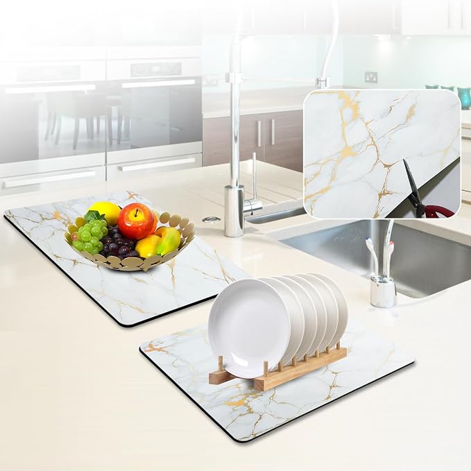 Sofort Dish Drying Mat for Kitchen Counter, Gold White Marble Dish Drying Pad with Non-slip Rubber Backed, Super Absorbent Drying Mats for Dish Rack, Coffee Maker 16 x 24 Inches