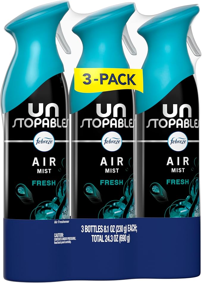 Febreze Air Mist, Air Freshener Spray, Odor Fighting Room Spray, Deodorizer for Home Bathroom Kitchen Office Apartment Dorm Room Classroom, Unstopables Fresh Scent, 8.1oz (Pack of 3)