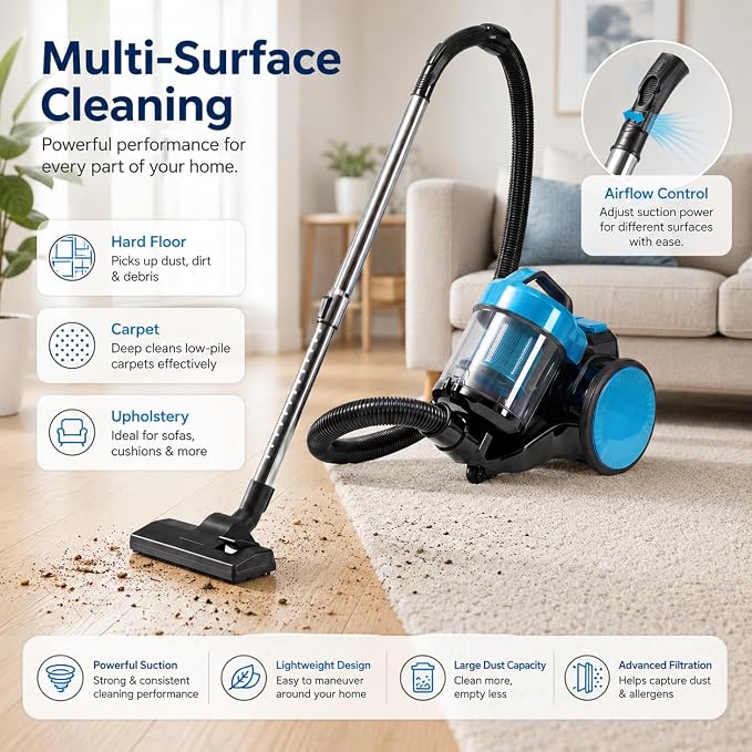 Simple Deluxe Household Portable 16.4Ft Vacuum Cleaner, 16Kpa Bagless Canister Cleaner, Lightweight Powerful Vacuum for Carpets and Hard Floors, with Washable HEPA Filter, Blue