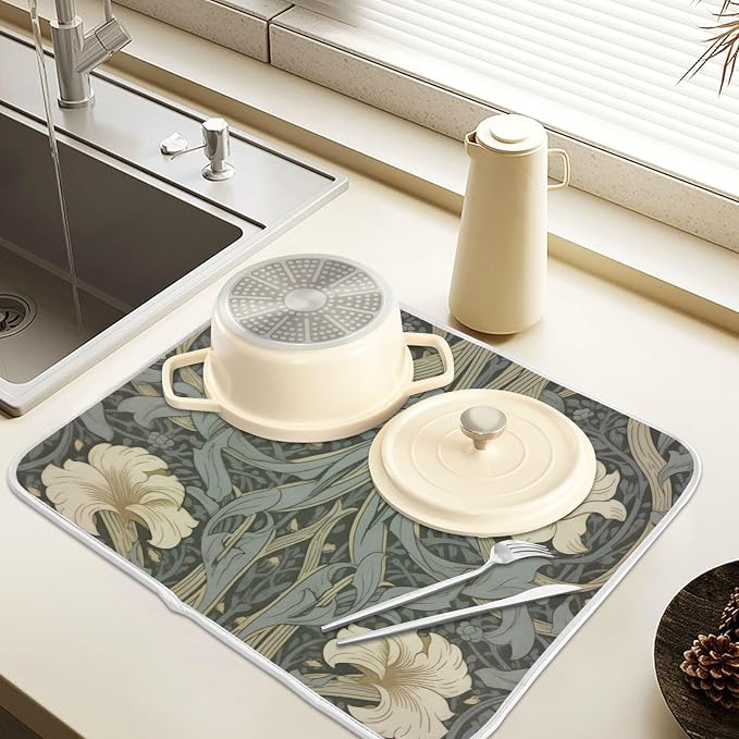 William Morris Flowers Print Dish Drying Mat for Kitchen Counter Absorbent Microfiber Small Drying Pad Dish Mats for Kitchen Countertops 16 x 18 Inch