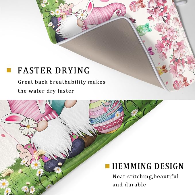 Giwawa Easter Gnome Dish Drying Mat Floral Eggs Bunny Kitchen Drainer Mat 18x24 inch Absorbent Holiday Fast Dry Pad Protector for Counter Tabletop