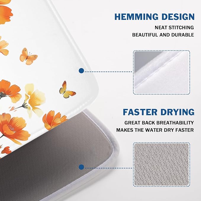 Fall Dish Drying Mat for Kitchen Counter 18 x 24 Inch Autumn Orange Floral Dish Drainer Mat Absorbent Microfiber Thanksgiving Harvest Dish Rack Pad for Coffee Dining Decor