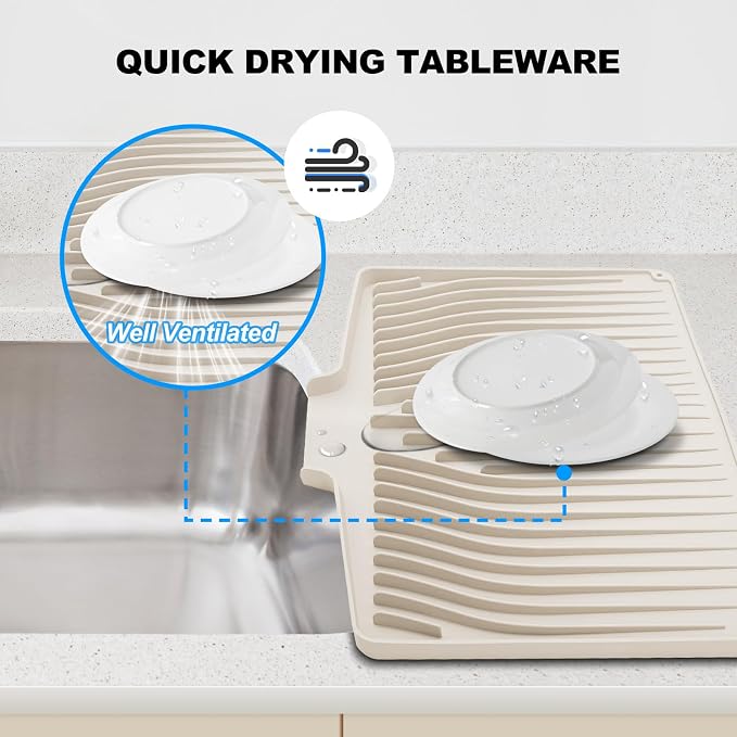 Silicone Dish Drying Mat for Kitchen Countertops and Sinks,19 x13.7 Inch Non Slip Heat Resistant Mat with Built In Drainage System,For Refrigerator and Drawer Liners (Creamy-white, 19 x13.7 Inch)