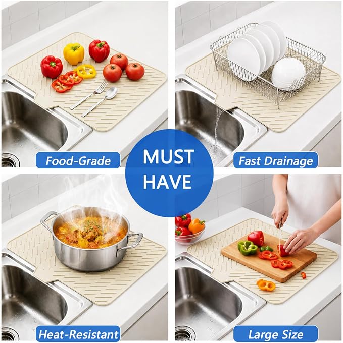 Large Silicone Dish Drying Mat – 23"x17" Sloped Sink Draining Tray with Sponge Holder for Kitchen Counter, Angled Surface for Water Drainage, Silicone Rack Mat with Drain Lip(Beige)