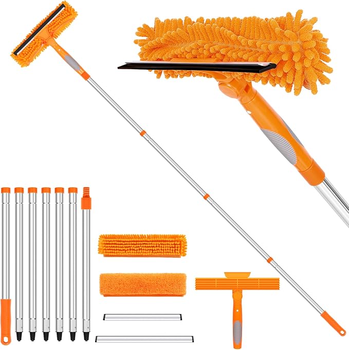 109" Window Cleaning Squeegee Kit, Professional 2 in 1 Squeegee Window Cleaner with Extension Pole, Window Washing Kit with 2 Blade 2 Pads for Indoor & Outdoor High Windows Car Glass